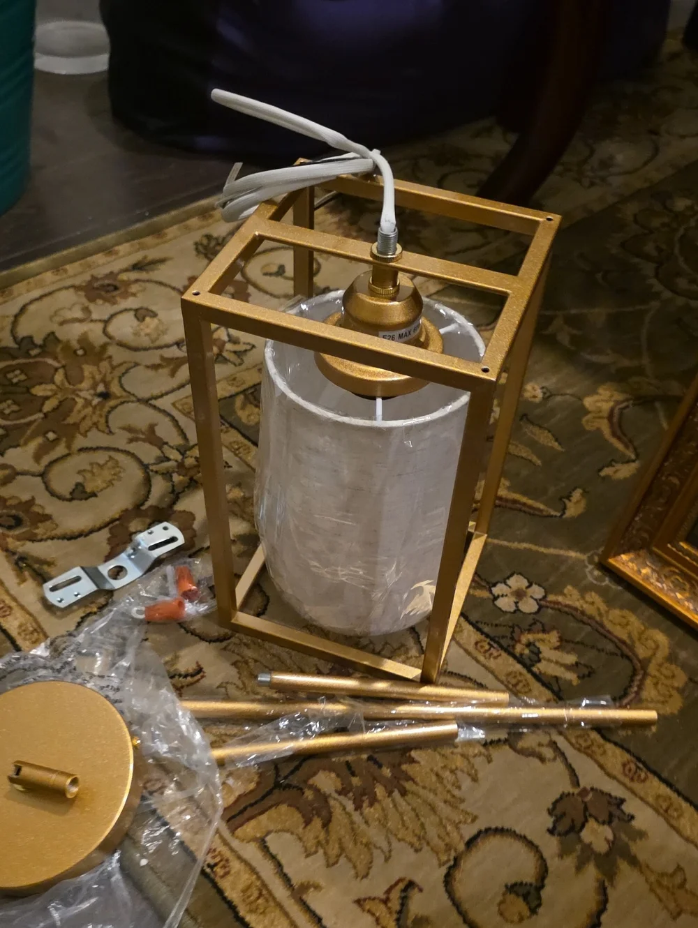 NWT Gold Metal Cage Pendant Light with White Fabric Shade